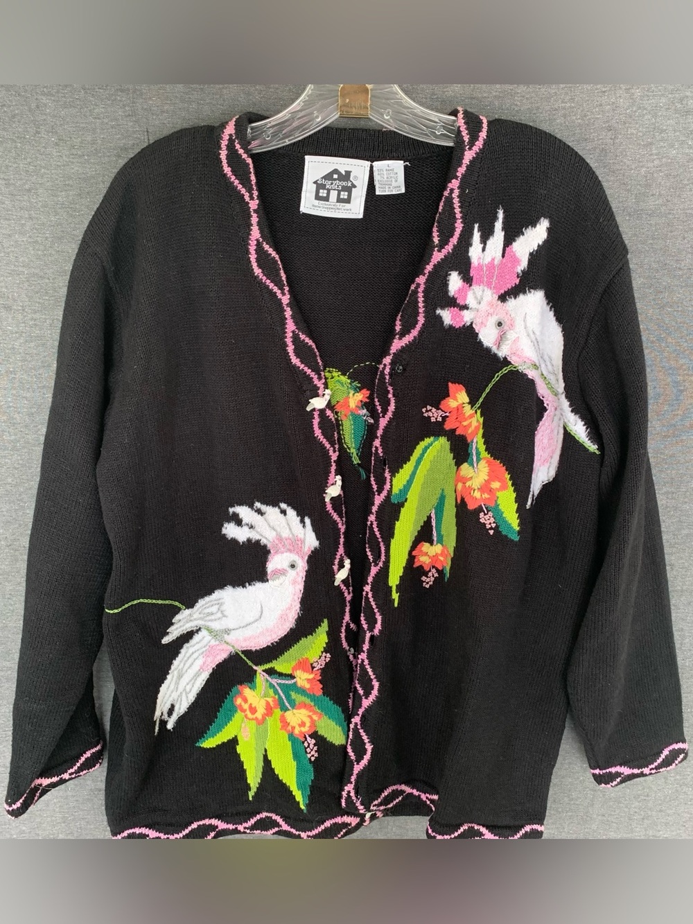 Storybook Knits Black Cardigan Sweater with Pink Cockatoo Embroidery Large